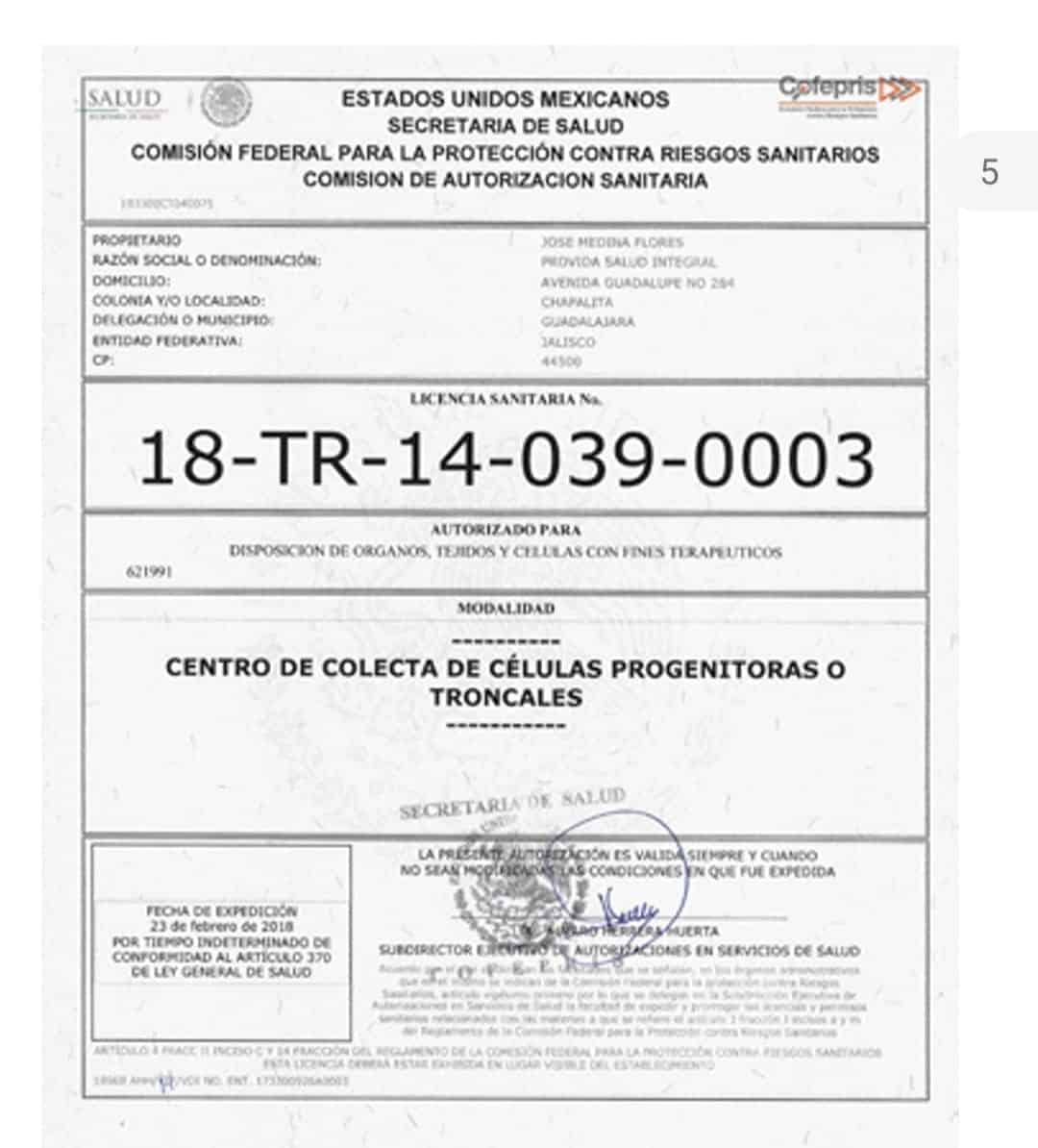 Autorización para Centro de colecta de células